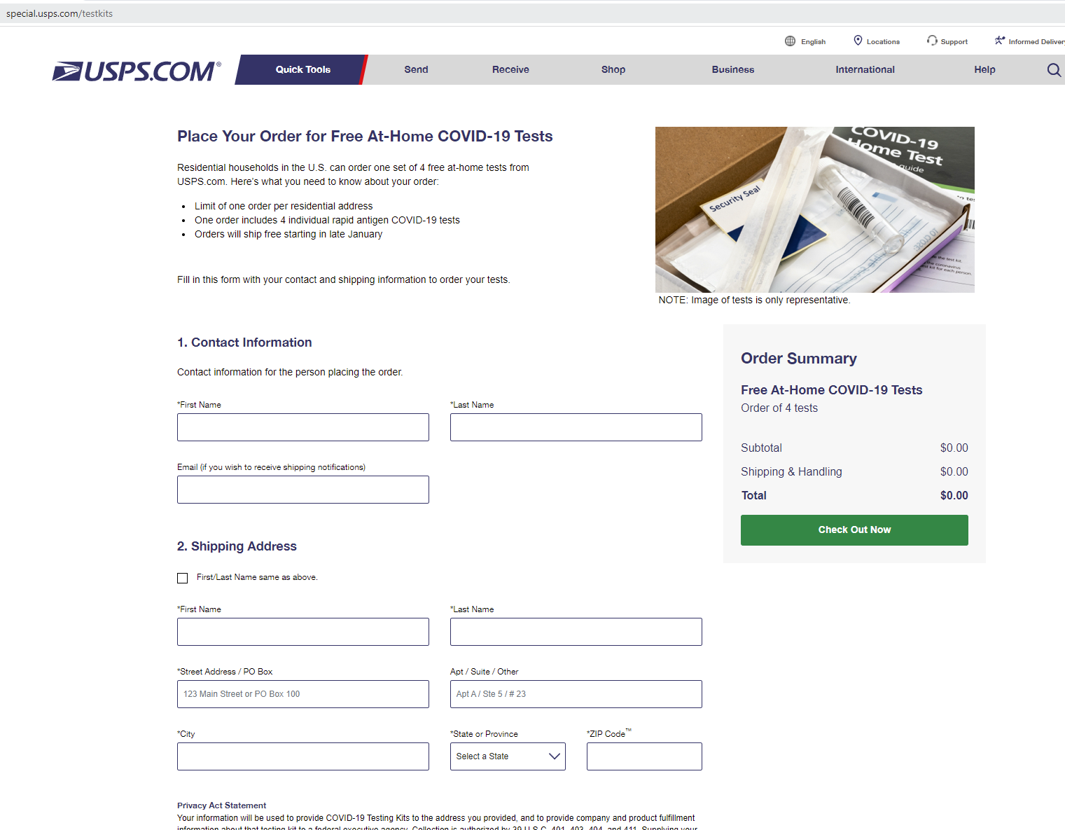 USPS.com Free At-Home COVID-19 Tests webpage with Check Out Now button.